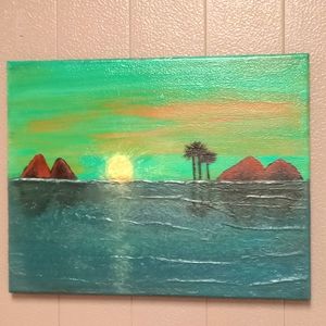 Island with palm trees on ocean painting